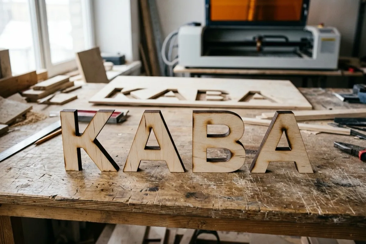 Літери КАВА з фанери після лазерної різки на столі майстерні - ілюстрація